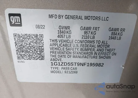 2022 Chevrolet Malibu Fwd Lt z USA, uszkodzony, nr VIN 1G1ZD5ST9NF195982